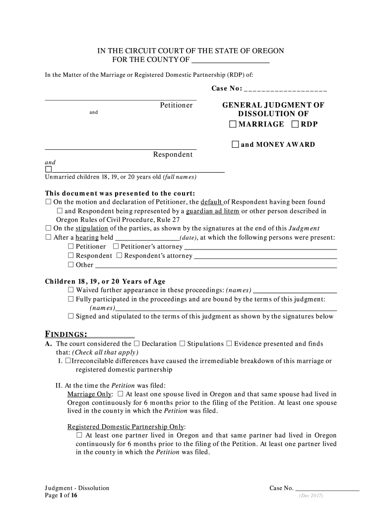 General Judgment of Dissolution of MarriageRDP  Form