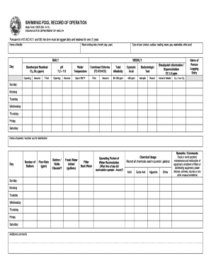 Swimming Pool Record of Operation Indiana  Form