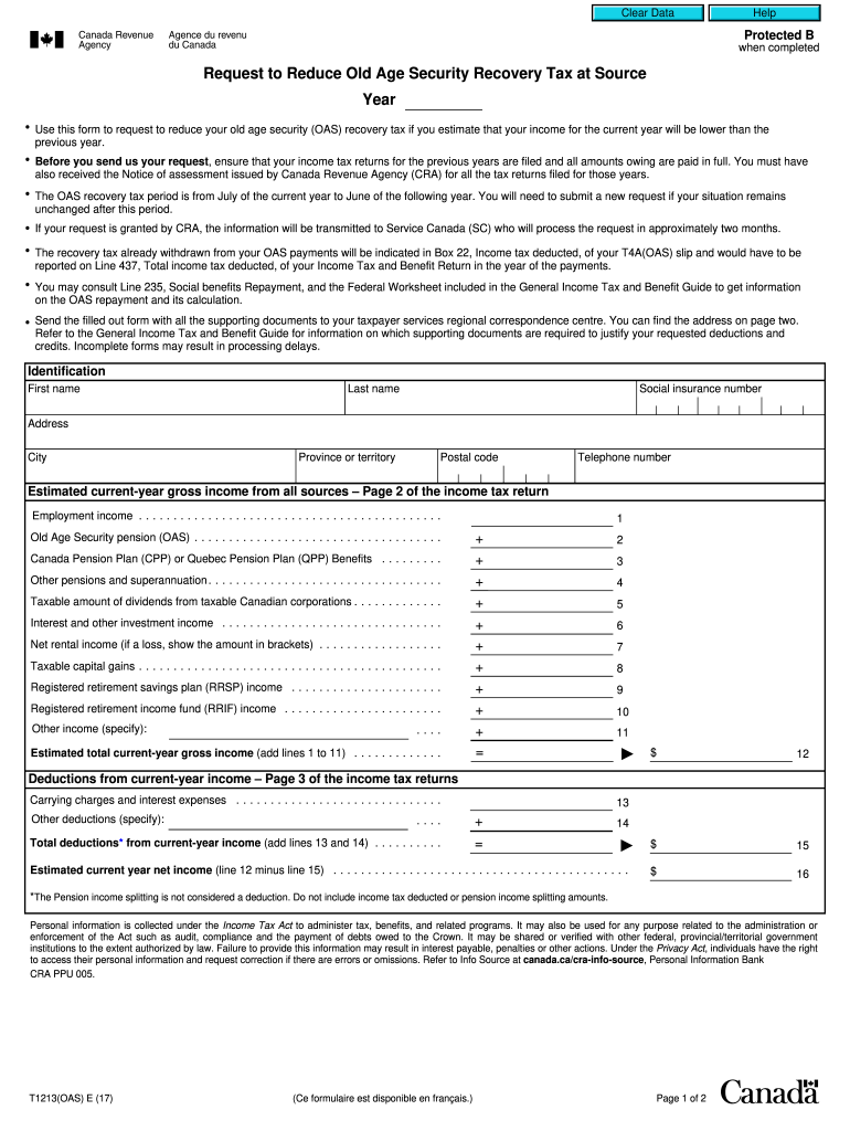 Get and Sign Use This Form to Request to Reduce Your Old Age Security OAS Recovery Tax If You Estimate that Your Income for the Current Year  2020