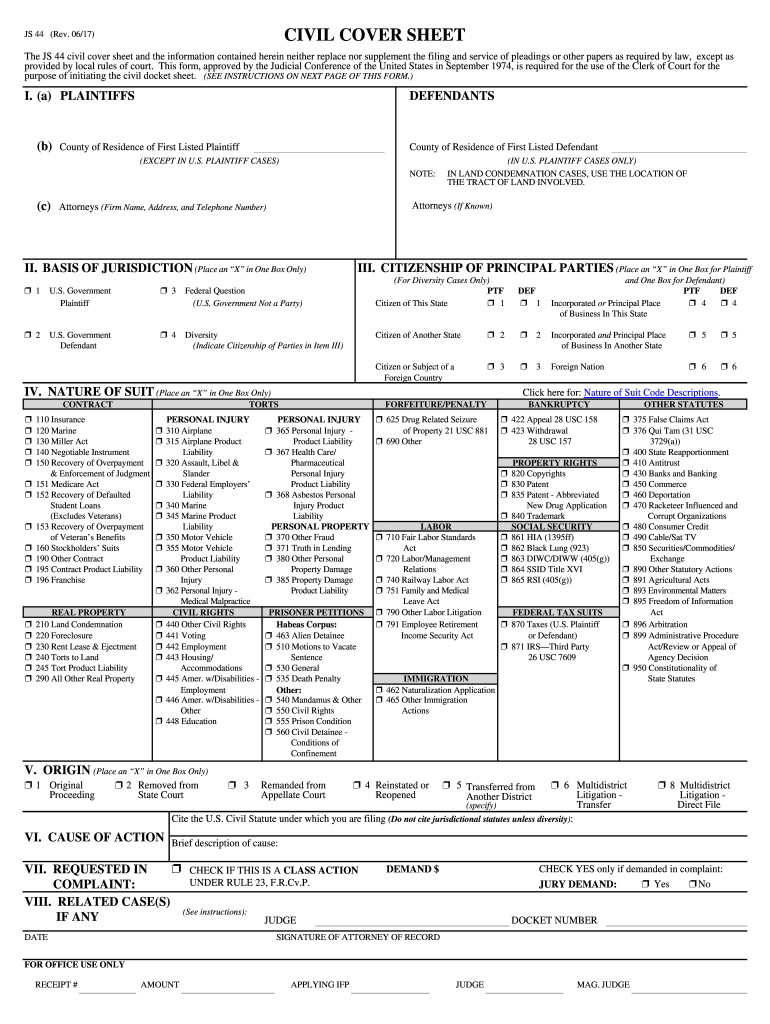 Civil Cover Sheet United States Courts  Form