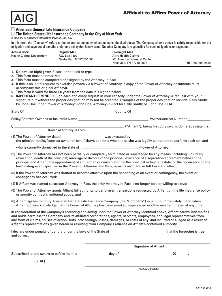 Aig Affidavit to Affirm Power of Attorney  Form