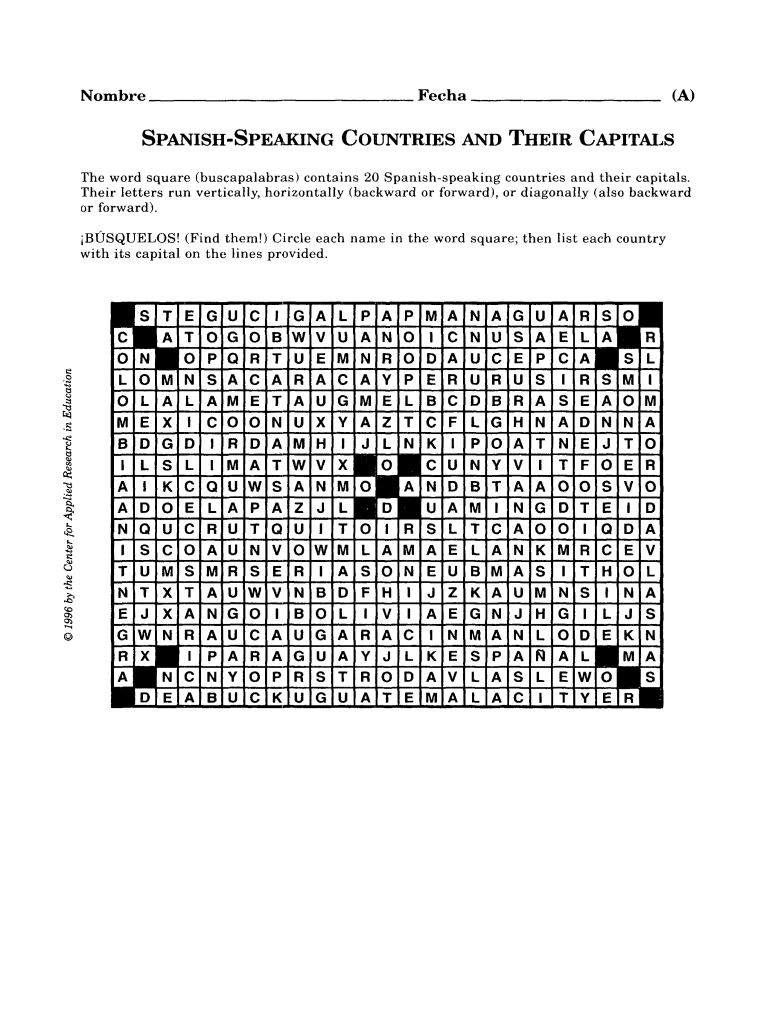 Spanish Speaking Countries and Their Capitals Word Search  Form