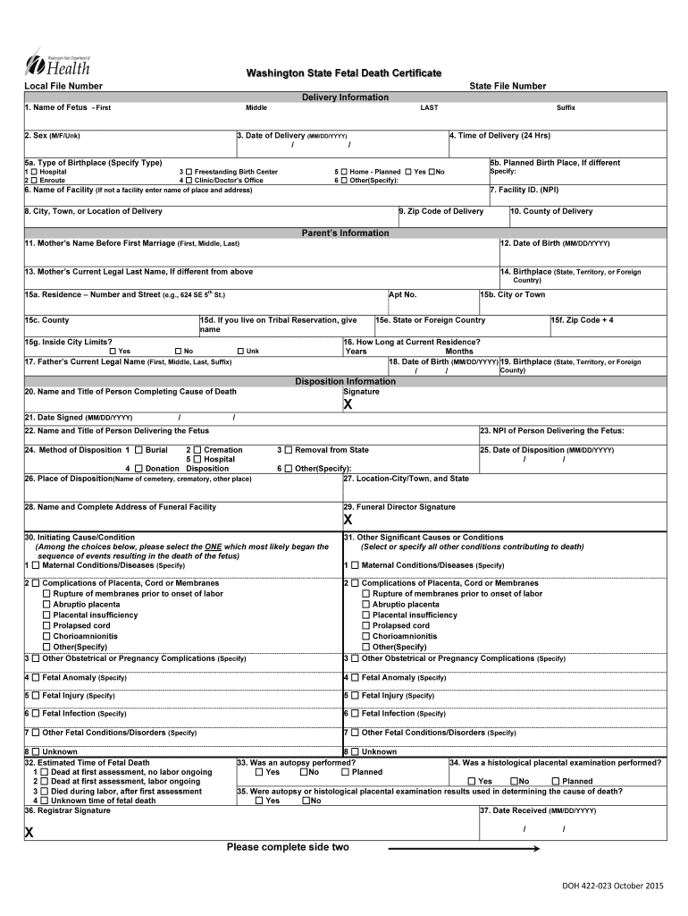 Washington State Fetal Death  Form