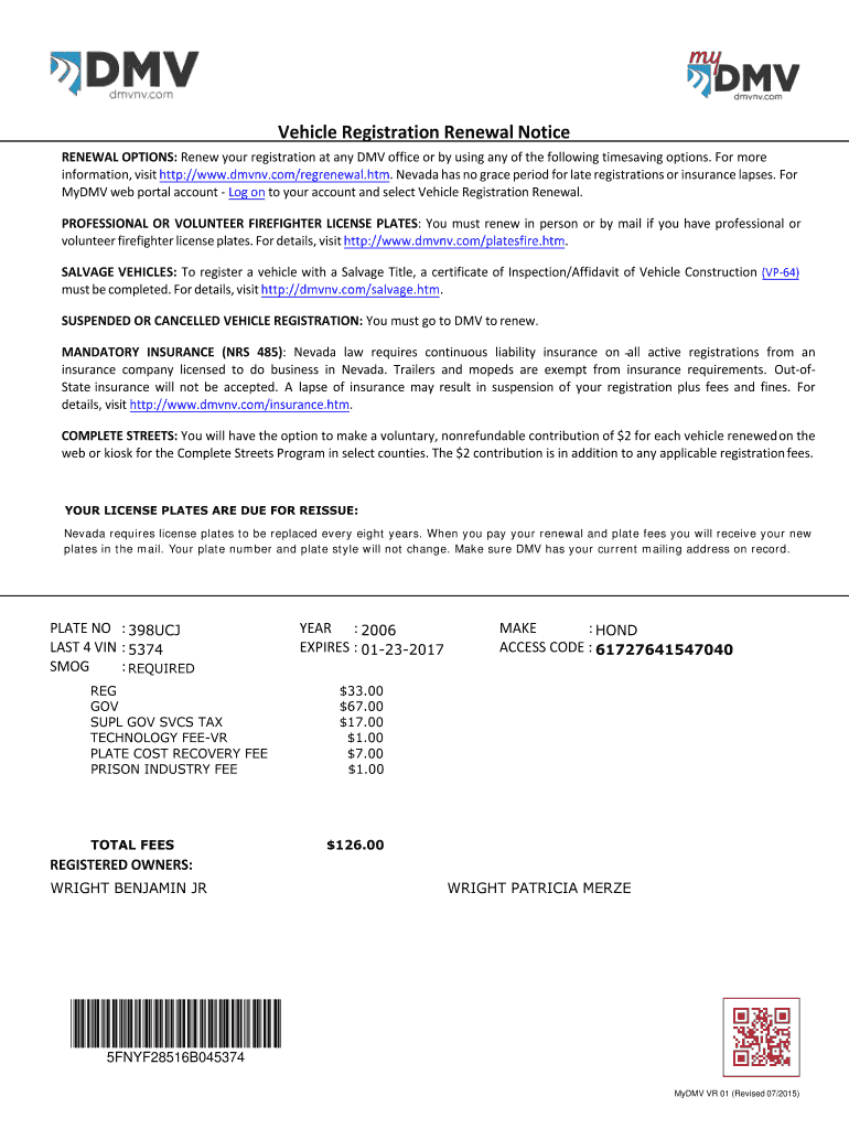 Nv Registration Renewal Notice  Form