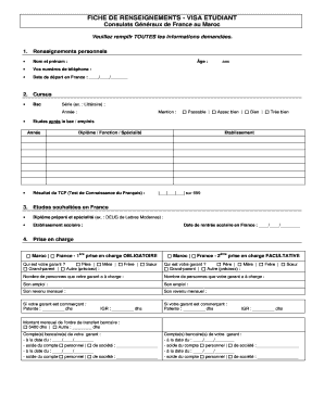 Fiche De Renseignement Visa Etudiant  Form