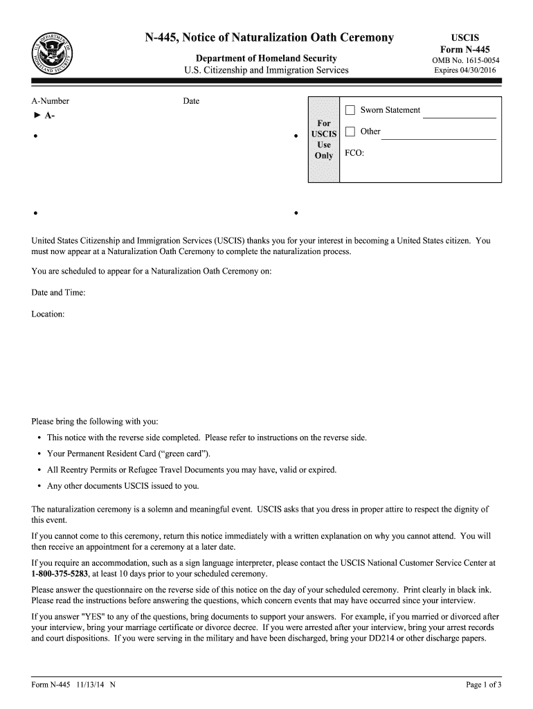 Form N 445 Signed at City and State