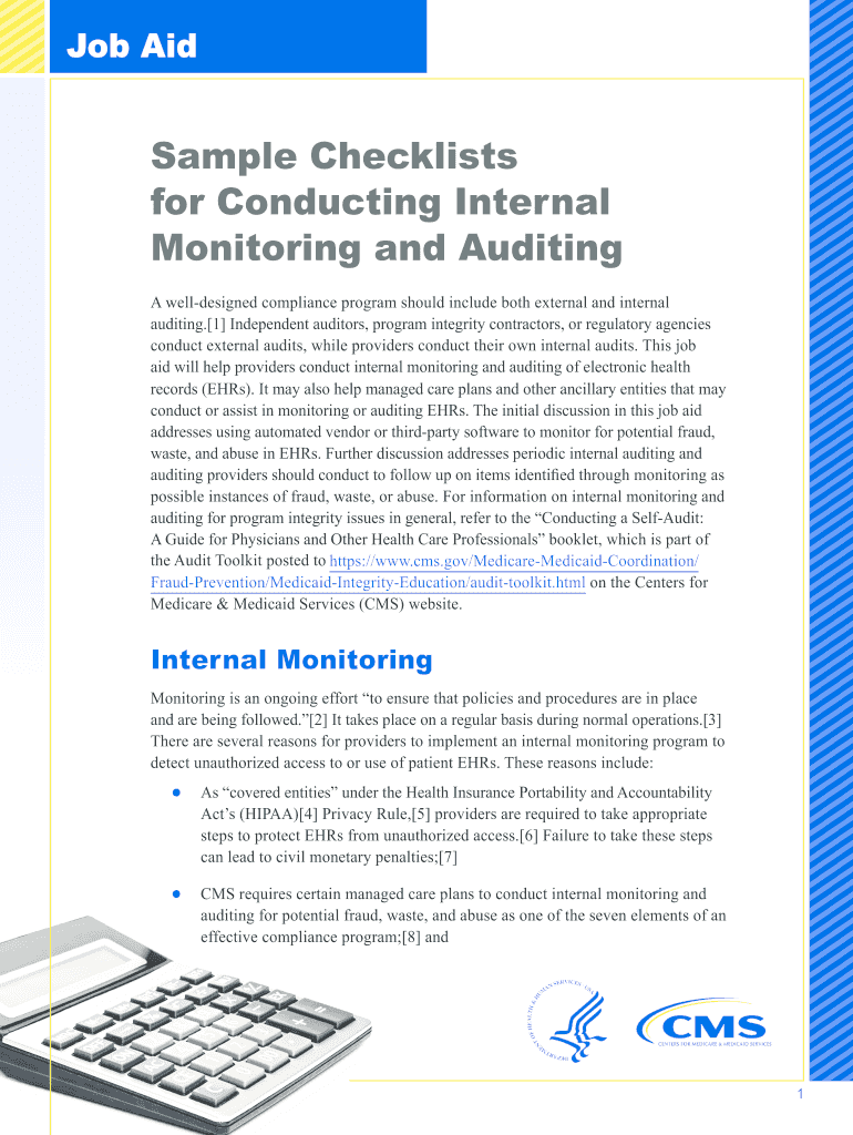 Sample Checklists for Conducting Internal Monitoring and Auditing Cms  Form