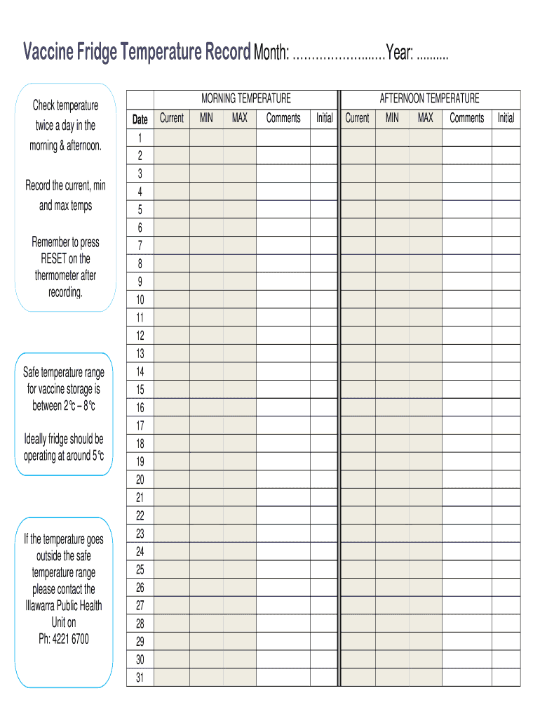 Vaccine Fridge Temperature Record Month  Form