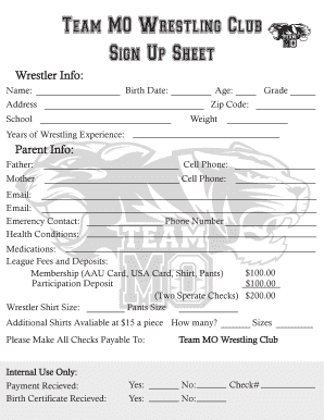 Wrestling Sign Up Sheet  Form