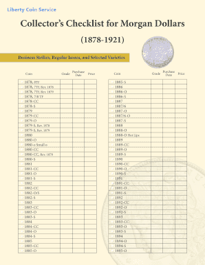 Collectors Checklist for Morgan Dollars  Form