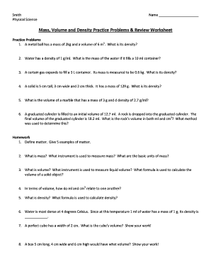 Mass Volume and Density Practice Problems Review Worksheet  Form