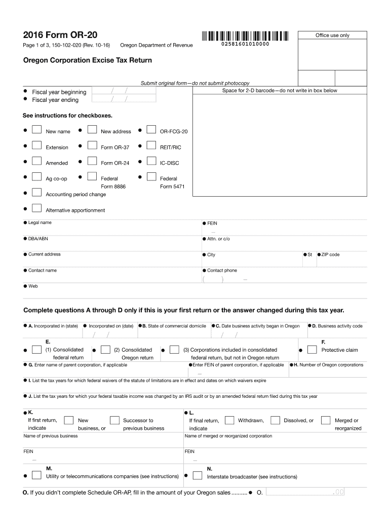 , Form or 20, Oregon Corporation Excise Tax Return, 150 102 2016