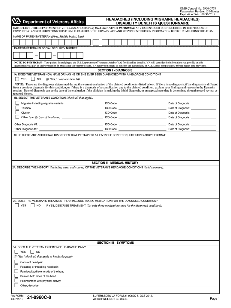  Va Headache Form 2016-2024