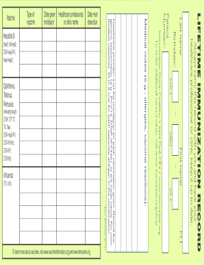 Lifetime Immunization Record Card Front  Form