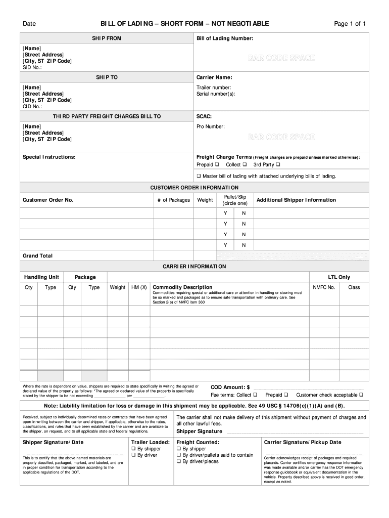 What is a Bill of Lading Short Form