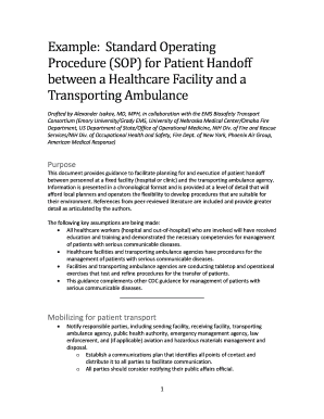 Example Standard Operating Procedure SOP for Patient Handoff Cdc  Form