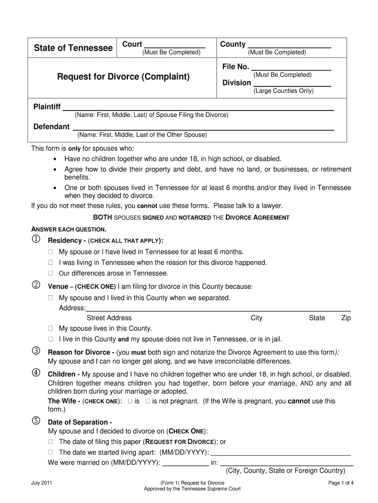 Tennessee Divorce Complaint Form