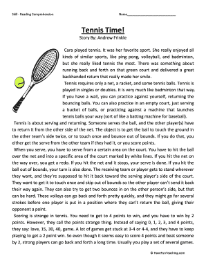 Tennis Time Fifth Grade Reading Comprehension Worksheet DOC  Form