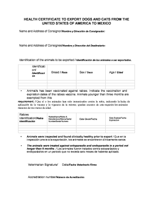 HEALTH CERTIFICATE to EXPORT DOGS and CATS from the  Form