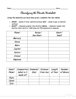 Planets Worksheet PDF  Form