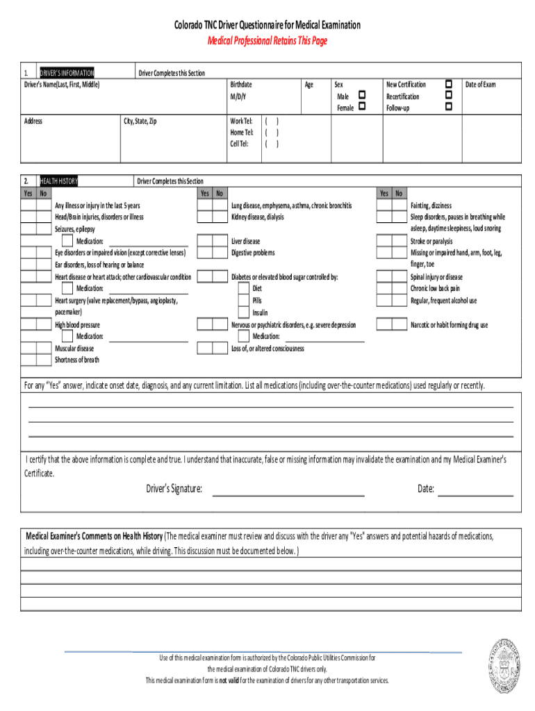 Colorado Tnc Medical Exam Form