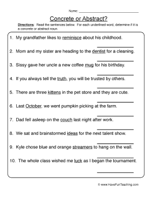 Concrete and Abstract Nouns Worksheet PDF  Form