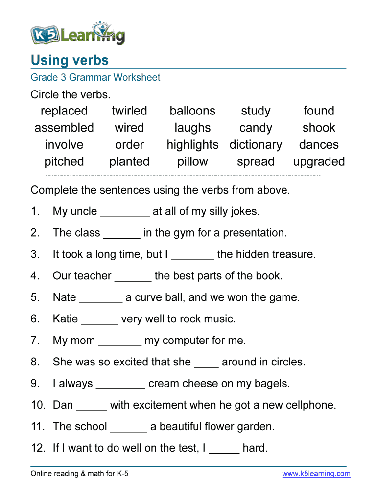 Verb Worksheets for Grade 3 with Answers PDF  Form