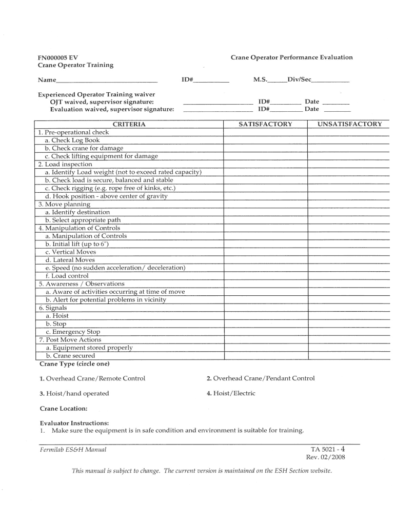 Overhead Crane Practical Evaluation Form