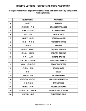 Missing Letters Christmas Food and Drink  Form