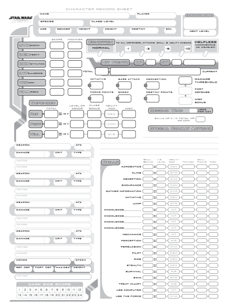 Star Wars Saga Edition Character Sheet  Form