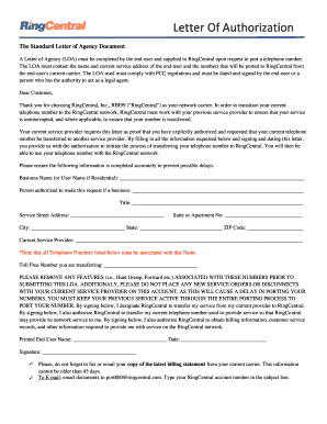 A Letter of Agency LOA Must Be Completed by the End User and Supplied to RingCentral Upon Request to Port a Telephone Number  Form