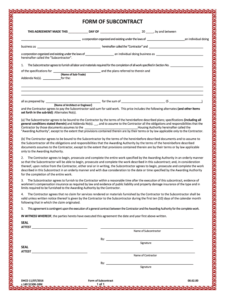 FORM of SUBCONTRACT