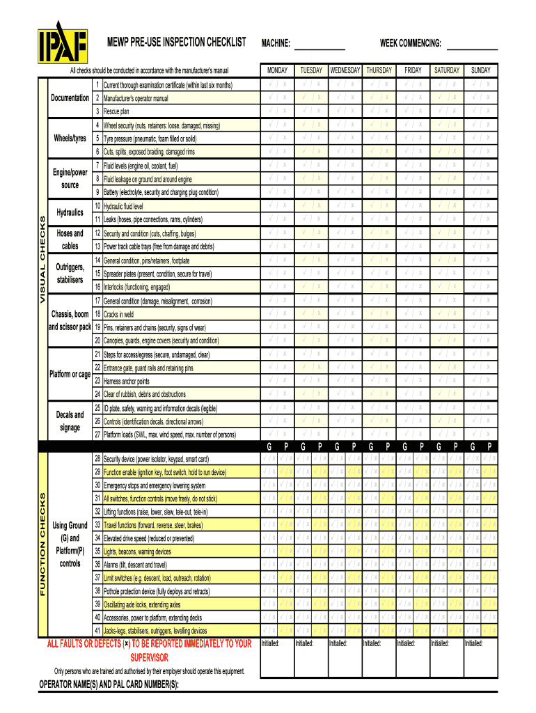 MEWP PRE USE INSPECTION CHECKLIST  Form