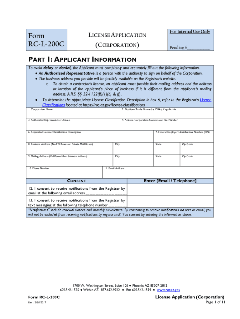 This License Application is for a Corporation Seeking to Obtain an Arizona Contractors License  Form