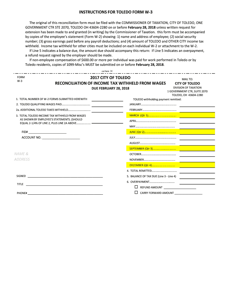  INSTRUCTIONS for TOLEDO FORM W 3 2017