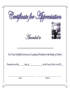 Certificate of Appreciation for Worship Leader  Form