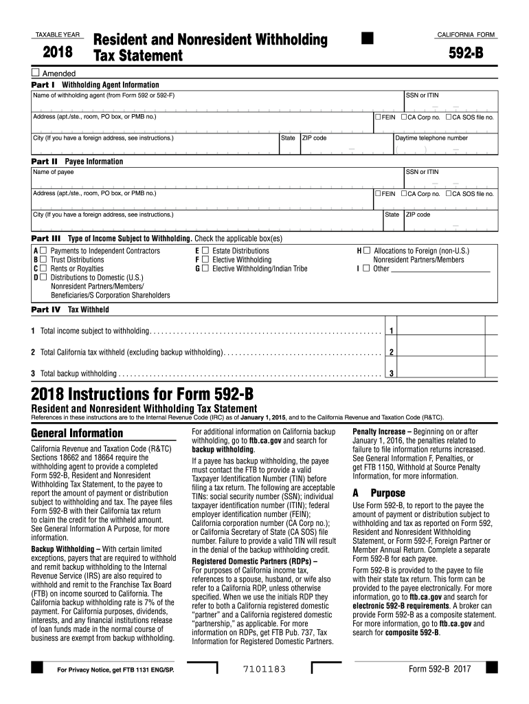  Form 592 B Resident and Nonresident Withholding , Form 592 B, Resident and Nonresident Withholding 2018