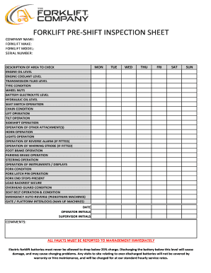 FORKLIFT PRE SHIFT INSPECTION SHEET  Form