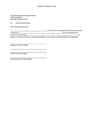 Landlord Permission Letter for Home Business  Form