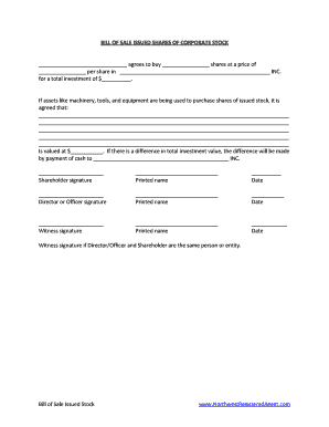  BILL of SALE ISSUED SHARES of CORPORATE STOCK 2011