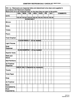 Cemetery Restroom Daily Checklist  Form