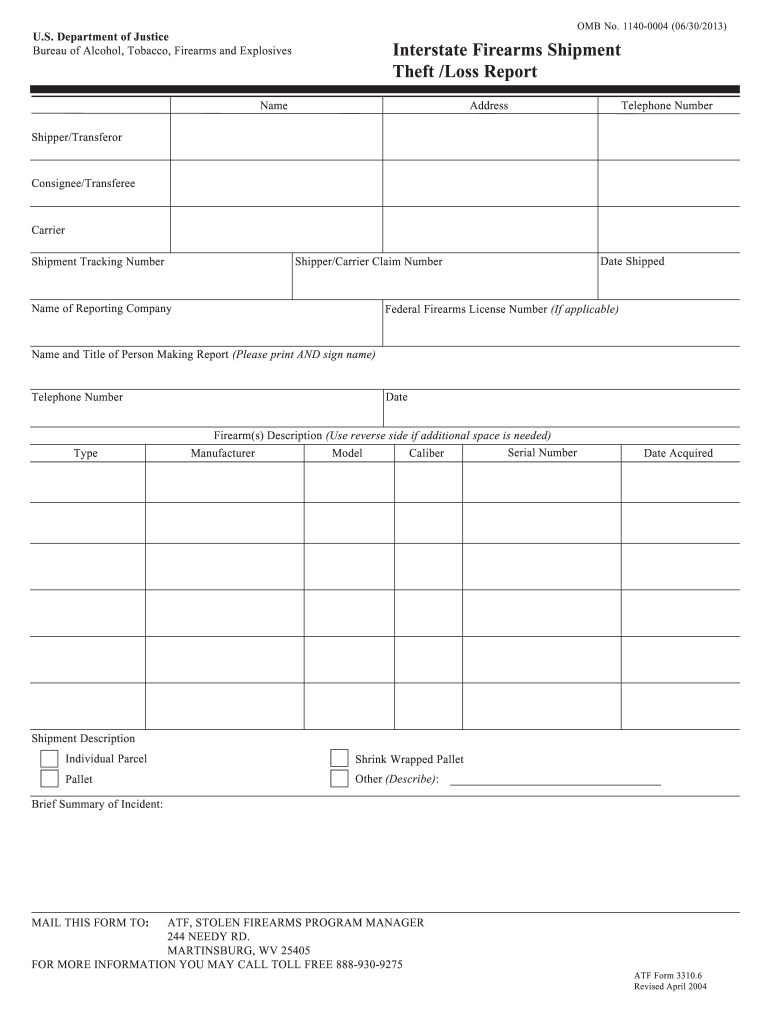 Interstate Firearms Shipment Theft Loss Report Bureau of Alcohol  Form