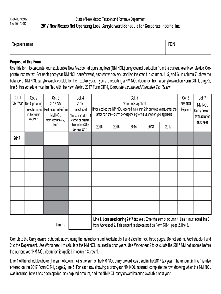 New Mexico Net Operating Loss Carryforward Schedule for Corporate Income Tax  Form