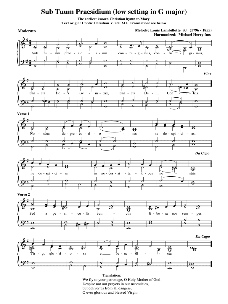 Sub Tuum Praesidium Low Setting in G Major  Form