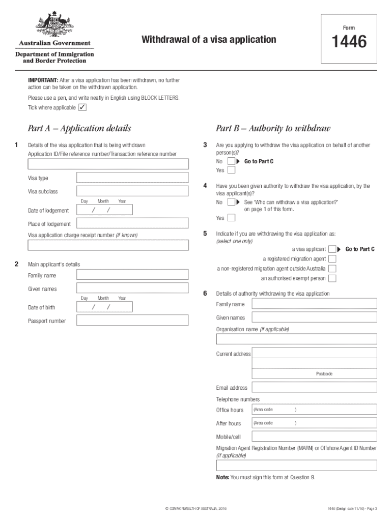 1446 Withdrawal of a Visa Application 1446 Withdrawal of a Visa Application  Form