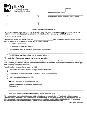  Subject Self Declaration Notice Texas Health Steps Health Care 2002