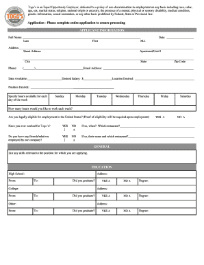 Employment Application Please Complete Entire Togo&#039;s  Form