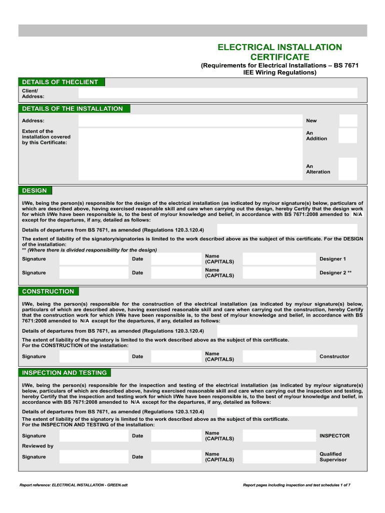 Electrical Installation Test Certificate  Form