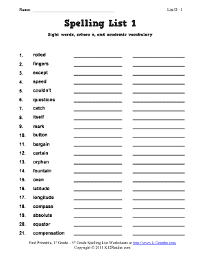 Spelling Worksheet for 4th Grade  Form