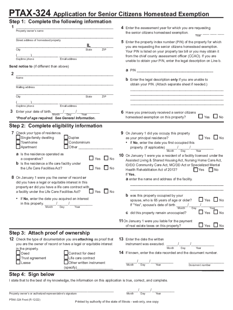 Fillable PTAX 324 Application for Senior Citizens Homestead Exemption  Form